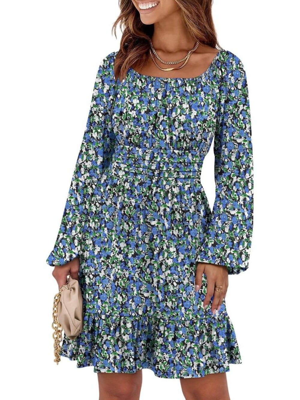 Women's Black Floral Lantern Sleeve Square Neck Elastic Waist A-Line Short Dress